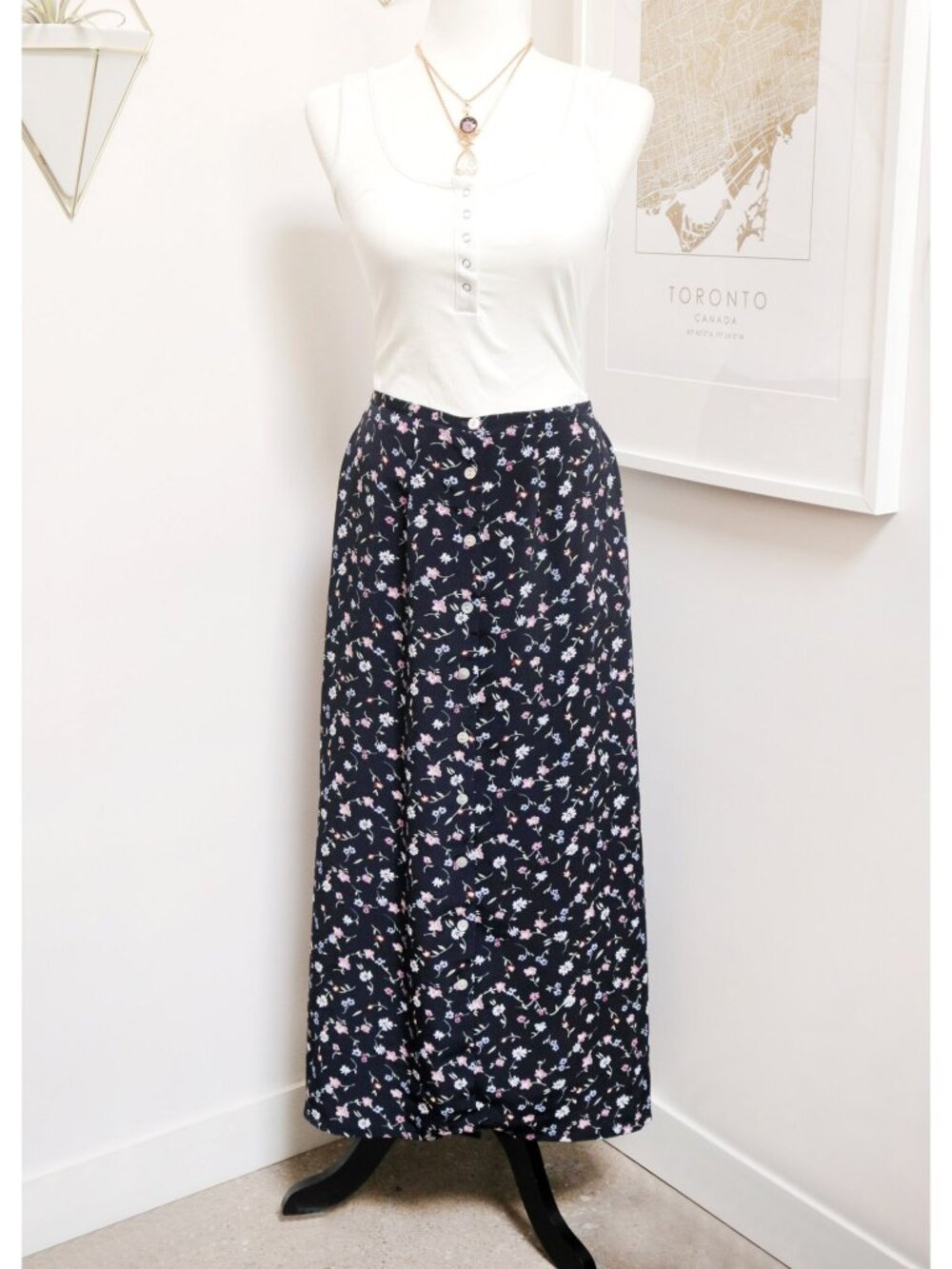 Vintage Y2K Navy Blue Wildflower Print Buttoned Maxi Skirt, Fairy Grunge Style